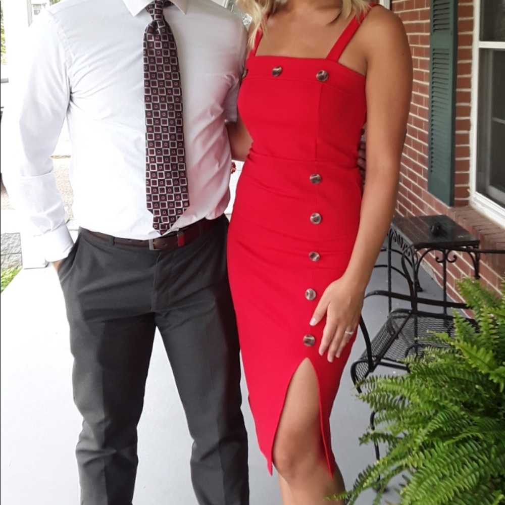 Body con red dress with button detailing